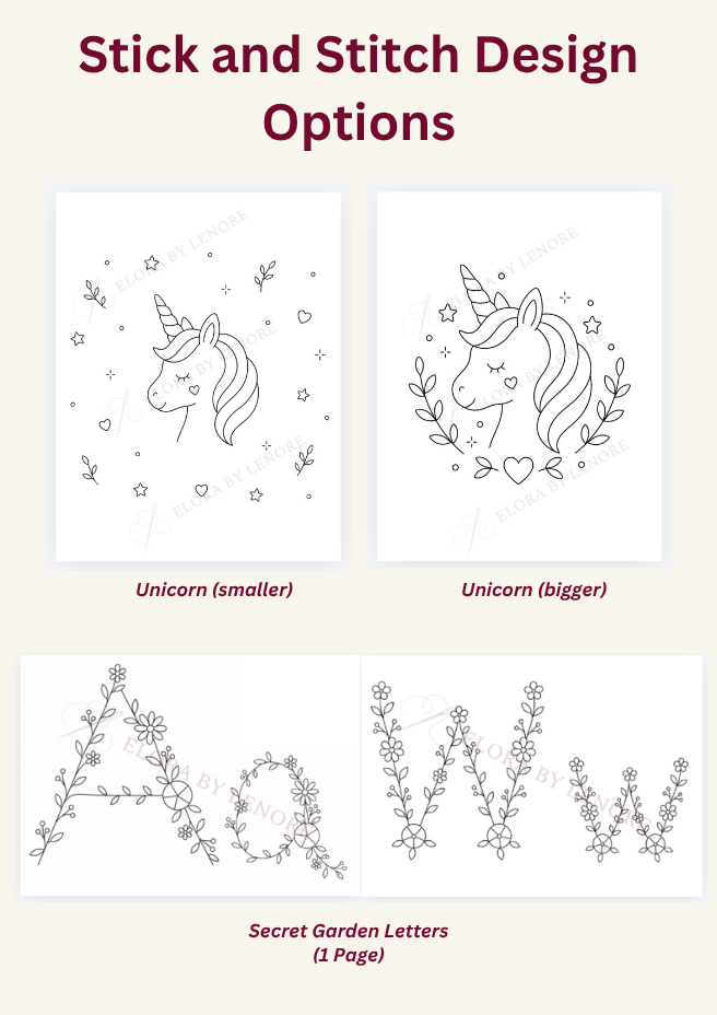 A product options graphic titled 'Stick and Stitch Design Options' showing four black-and-white line-art design previews: two unicorns, one smaller and one bigger, and floral letter designs labeled 'Secret Garden Letters (1 Page)'.