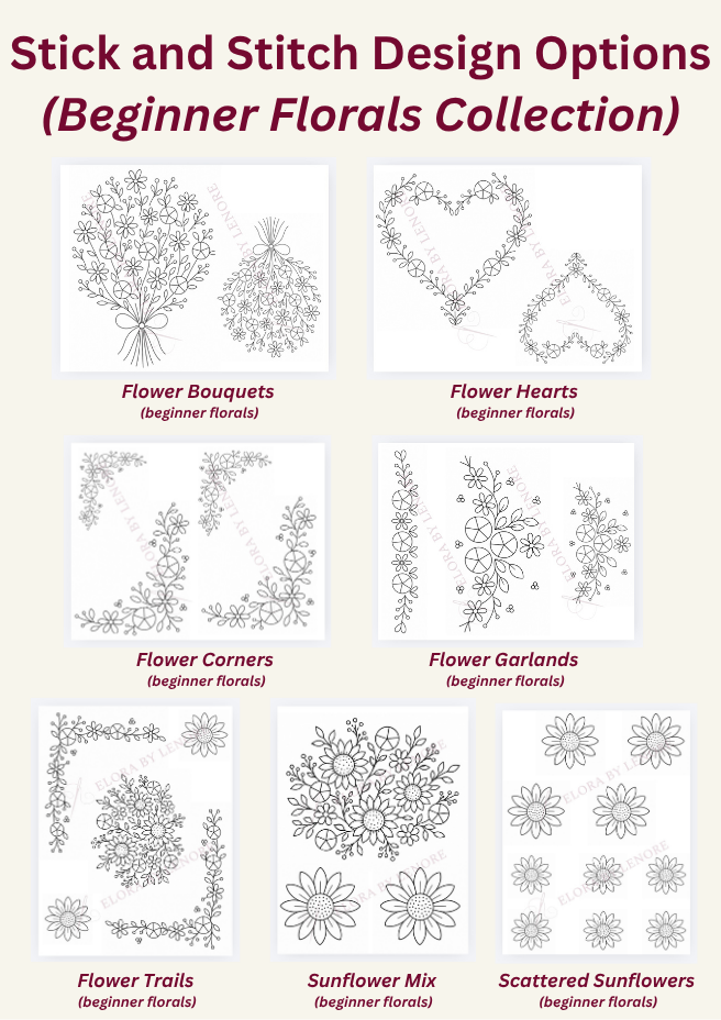 A product options chart titled 'Stick and Stitch Design Options (Beginner Florals Collection)' showing eight black-and-white floral design previews with names including Flower Bouquets, Flower Hearts, Flower Corners, Flower Garlands, Flower Trails, Sunflower Mix, and Scattered Sunflowers on a light beige background.