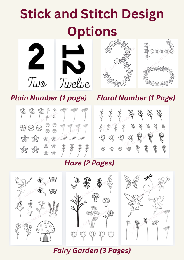 Sheet of stick and stitch design options including numbers, floral patterns, and fairy garden elements.
