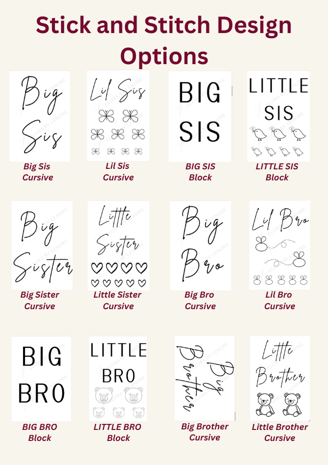 Collection of 'Stick and Stitch' design options for Big Sis, Little Sis, Big Bro, and Little Bro with various styles.