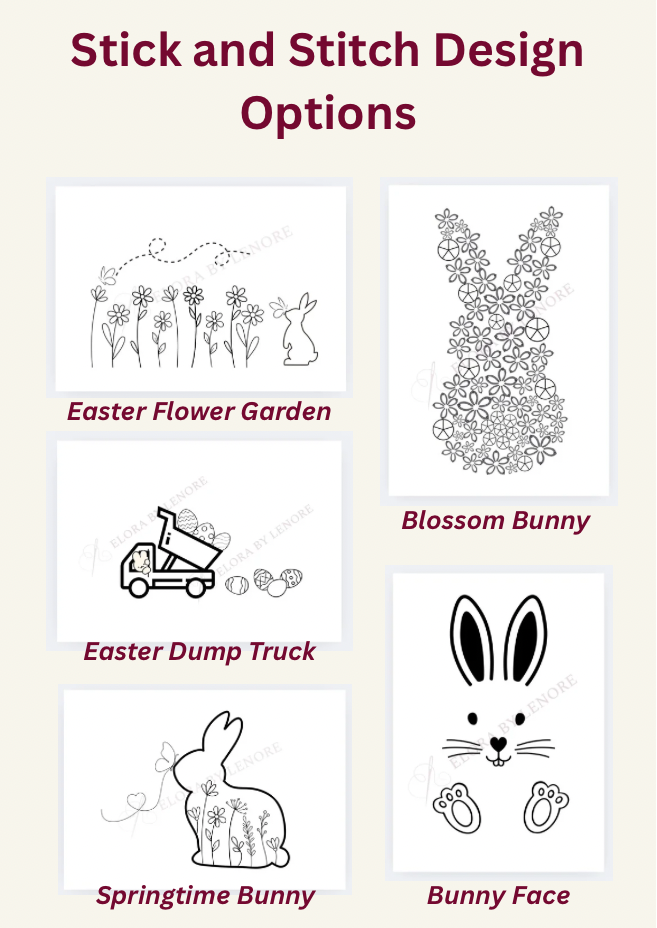 Collection of Easter-themed stick and stitch design options on a beige background.