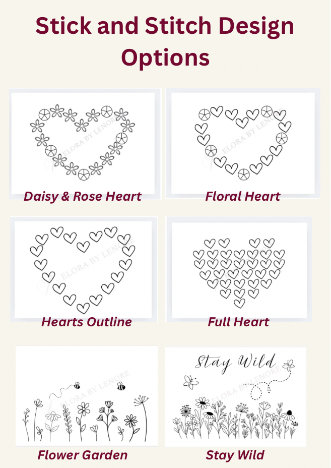 Various stick and stitch design options including a daisy and rose heart, floral heart, hearts outline, full heart, flower garden, and 'Stay Wild' design.