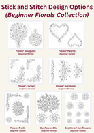 A product options chart titled 'Stick and Stitch Design Options (Beginner Florals Collection)' showing eight black-and-white floral design previews with names including Flower Bouquets, Flower Hearts, Flower Corners, Flower Garlands, Flower Trails, Sunflower Mix, and Scattered Sunflowers on a light beige background.