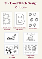 Collection of stick and stitch design options including floral letter, single letter outline, strawberries, cars, and berry sweet.