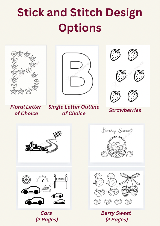 Collection of stick and stitch design options including floral letter, single letter outline, strawberries, cars, and berry sweet.