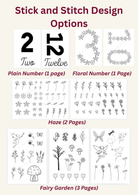 Sheet of stick and stitch design options including numbers, floral patterns, and fairy garden elements.
