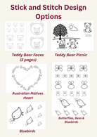 Collection of stick and stitch design options including teddy bear faces, picnic scene, heart with Australian natives, and birds.