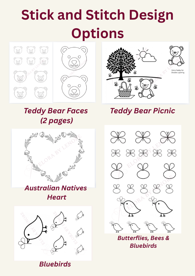 Collection of stick and stitch design options including teddy bear faces, picnic scene, heart with Australian natives, and birds.