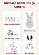 Collection of Easter-themed stick and stitch design options on a beige background.
