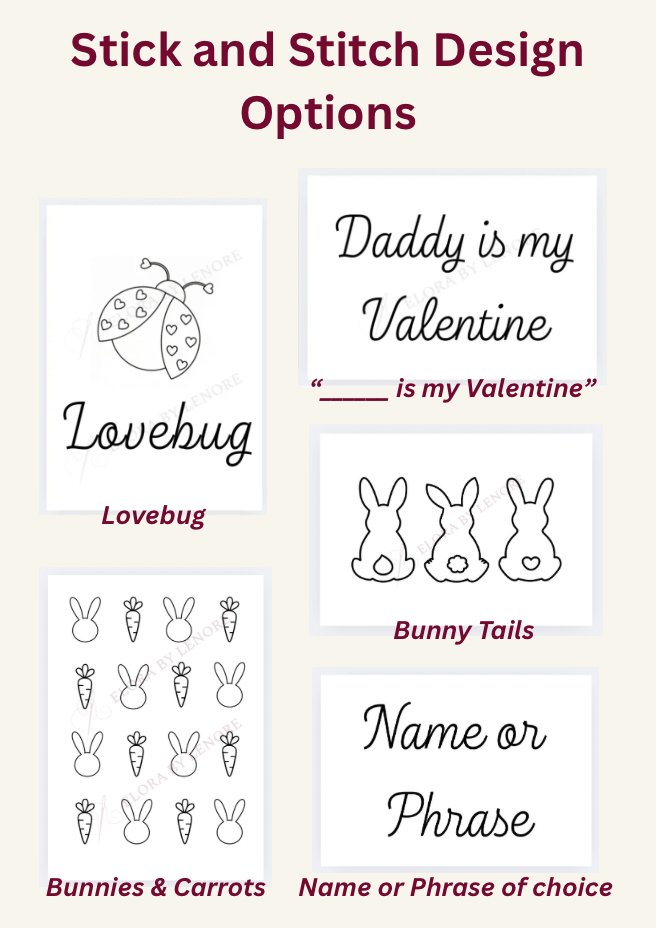Stick and Stitch design options with lovebug, bunny tails, and name or phrase choices on a white background.