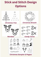 A product options graphic titled 'Stick and Stitch Design Options' showing six black-and-white Christmas-themed design pages: Christmas Tree, Christmas Wreath, Reindeer, Candy Canes, and a Christmas Sampler page. The designs are arranged on a light beige background with dark red labels.