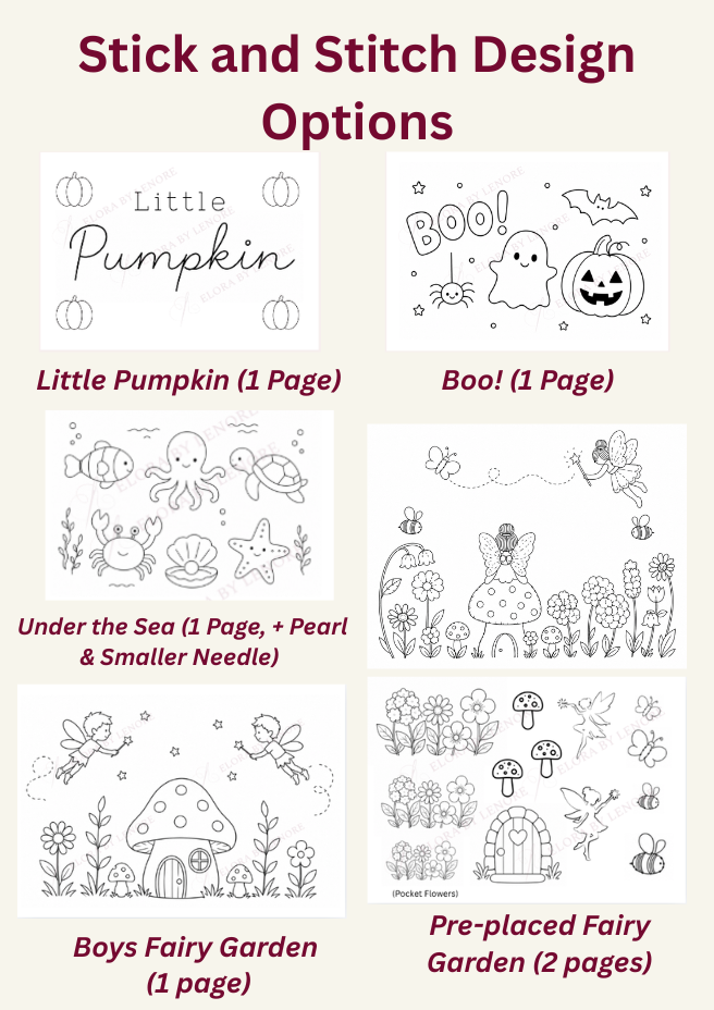 A product options chart titled 'Stick and Stitch Design Options' showing six black-and-white fairy and seasonal sketch pages with names and page counts: Little Pumpkin (1 page), Boo! (1 page), Under the Sea (1 page, + Pearl & Smaller Needle), Boys Fairy Garden (1 page), and Pre-placed Fairy Garden (2 pages).