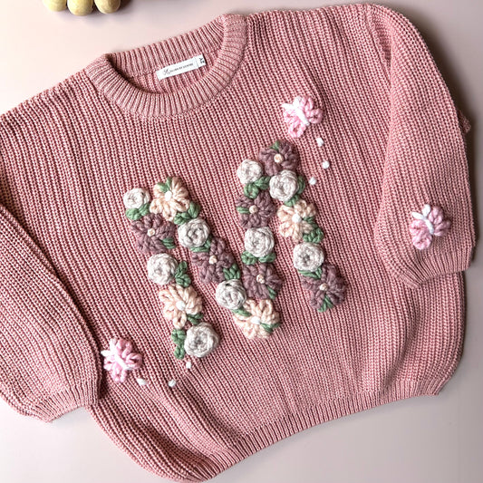 Simplistic Floral Letter Custom Knit Jumper